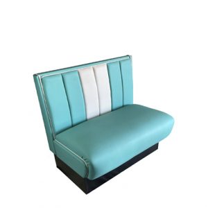 Bancada de madera con asiento y respaldo tapizado en azul y blanco vintage | bancada para bares | bancadas hostelería | bancada para cafeterías | bancada para restaurantes | Bancada interior restaurantes | Moinde