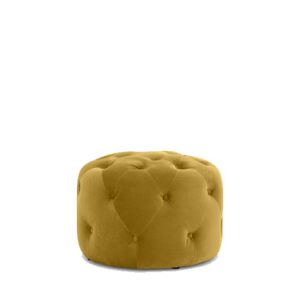 Puff Tapizado en terciopelo con detalle abotonado color Mostaza| Puff de madera | Puffs para bares | Puff para bares | Sofás y puffs hostelería | Puffs para cafeterías | Puffs para restaurantes