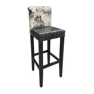 Taburete alto de madera maciza, asiento y resplado tapizados en textil color marmol | muebles para bar | mobiliario para hostelería | sillón de madera para interior | mobiliario para interior