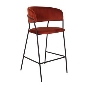 Taburetes de hostelería para interiores | Taburete de hierro | Taburete alto de hierro, asiento y respaldo tapizados en terciopelo color marrón | Moinde
