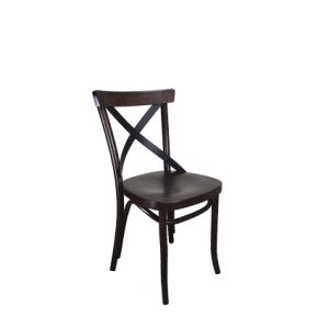 Silla de madera maciza con asiento de madera maciza con “X” metálica embutida en el respaldo color Oak Tudor | mobiliario para restaurante | mobiliario para bares y restaurantes |sillones restaurante | venta de muebles para restaurantes