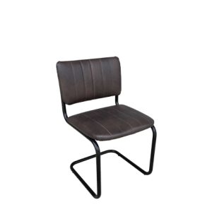 Silla de hierro, Asiento y respaldo tapizado en polipiel con detalle de costuras verticales color Marrón oscuro | Sillas y sillones tapizadas para interior | Muebles para hostelería en Madrid Moinde | Sillas de interior para hostelería