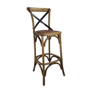 Taburete alto de madera maciza, Respaldo en X metálico y Asiento trenzado color Natural | Taburetes de madera | Taburete de madera para interior | Taburete alto de madera | Mobiliario para restaurantes