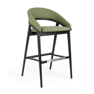 Taburete alto de madera maciza, asiento y respaldo tapizado en textil color Verde | Taburetes de madera | Taburete de madera para interior | Taburete alto de madera | Taburete tapizado | Mobiliario Moinde