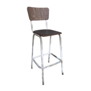 Taburete alto estructura de hierro acabado Blanco Envejecido, Asiento y respaldo de madera laminada color Nogal Envejecido | Taburetes de metal para interior | Taburete alto de hierro | Mobiliario para hostelería Moinde
