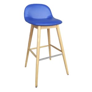 Taburetes de hostelería para interiores | Taburete de madera | Taburete hostelería alto de madera maciza | Taburete de madera con carcasa tapizada en textil color azul | muebles de hostelería | taburetes de madera | taburetes hostelería