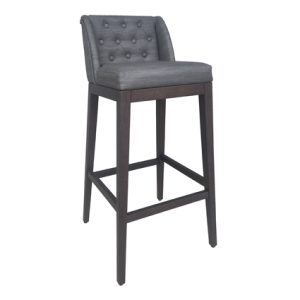 Taburetes de hostelería para interiores | Taburete de madera | Taburete hostelería alto de madera maciza | Taburete de madera con carcasa tapizada en textil con detalle capitone en el respaldo color Gris | Muebles de hostelería | Taburetes hostelería | Taburetes de madera