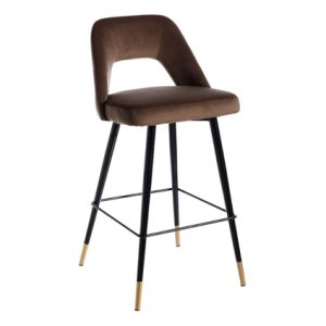 Taburetes de hostelería para interiores | Taburete de madera | Taburete hostelería alto de hierro, asiento y respaldo tapizado en textil color café | muebles de hostelería | taburetes hostelería
