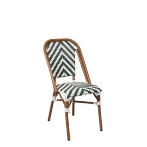 Sillas hostelería | Silla con estructura de aluminio | Silla con acabado con imitación bambú | Silla con asiento y respaldo de médula color verde y blanco | Mobiliario para hostelería | Mobiliario para cafetería | Sillas restaurantes