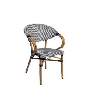 Sillones hostelería | Sillón con estructura de aluminio | Sillón con asiento y respaldo en textiline color negro y blanco | Sillón con acabado con imitación bambú | Mobiliario para hostelería | Mobiliario para cafetería.