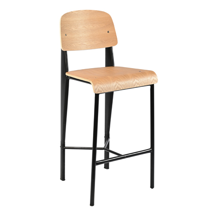Taburete alto de hierro con Asiento y respaldo madera hoja laminada color Crudo | Taburete para hostelería | Taburete para bar | Taburetes de rattan para hostelería | Taburete de metal para interior
