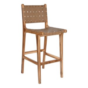 Taburete alto de madera con Asiento y respaldo de tiras de cuero color Beige| Taburete para hostelería | Taburete para bar | Taburetes de rattan para hostelería | Taburetes de madera para interior