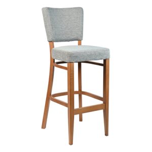 Taburete alto de madera con Asiento y respaldo tapizado en textil color Gris | Taburete para hostelería | Taburete para bar | Taburetes de rattan para hostelería | Taburetes de madera para interior