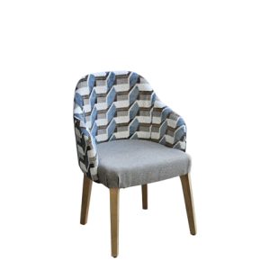 Sillón de madera con asiento y respaldo tapizado en textil color Beige y Celeste | sillones tapizados para interior | sillas restaurantes | sillas de madera