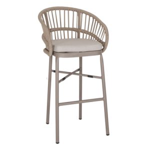 Taburete alto de aluminio con Respaldo de cuerda color marrón taupé y asiento provisto de cojín de 4cm color arena | taburete para restaurante | mobiliario hostelería | Moinde | Taburetes para exterior