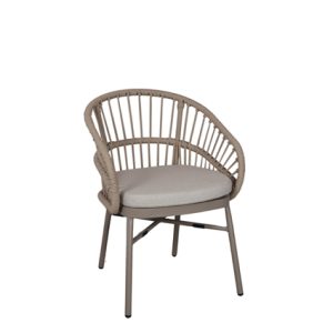 Sillón de aluminio, respaldo de cuerda color marrón taupé y asiento provisto de cojín de 4cm color arena | Sillón para hostelería | Sillón aluminio | Sillón para exterior